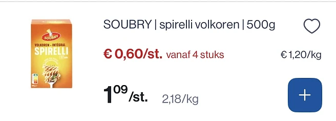 Soubry volkoren pasta 500 gram -50% reactie Carrefour 2+2