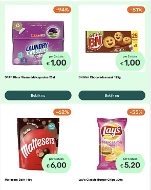 Wascaps, koeken, Maltesers, chips