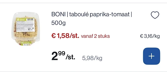 Boni taboule paprika - tomaat 500 gram reactie Carrefour 1+1