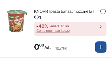 Knorr pasta tomaat mozzarella 63 gram -40% bovenop reactie Carrefour
