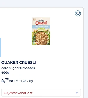 QUAKER CRUESLI Zero sugar Nut&seeds 400g in promo