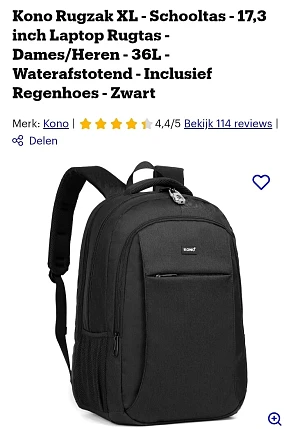 Kono Rugzak XL - 17,3 inch Laptop Rugtas - 36L - Waterafstotend - Inclusief Regenhoes