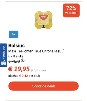 Bolsius maxi theelichten true citronella 72% voordeel op Collect en go deals
