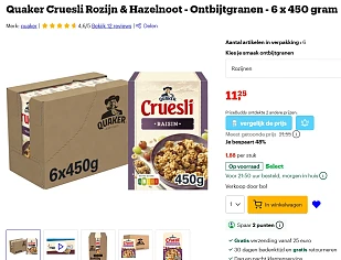 Quaker Cruesli Rozijn & Hazelnoot - Ontbijtgranen - 6 x 450 gram