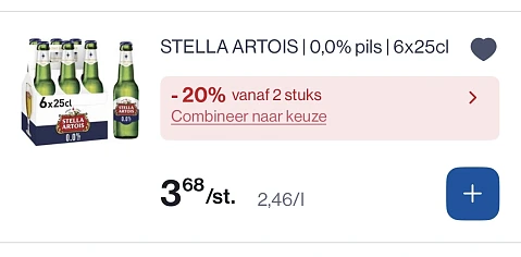 Stella artois pils 0,0% 20% korting bovenop reactie Delhaize 1+1