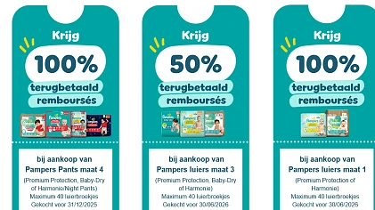 100% terugbetaling Pampers maat 1-4 en 50% terugbetaling Pampers maat 3