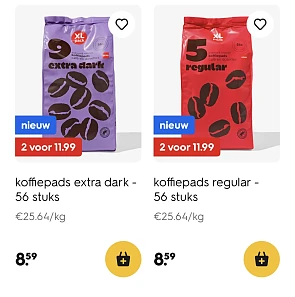 Verschillende koffiepads 56 stuks 2 voor 11,99€ bij hema.com