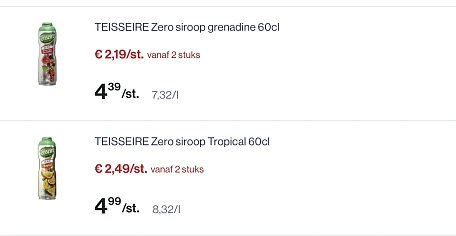 Teisseire zero siroop -50% reactie Albert heijn