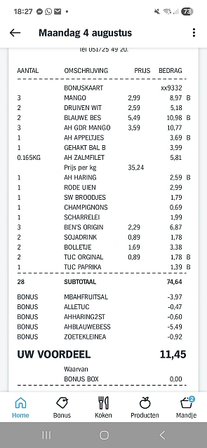 AH: bosbessen, verse mango, appeltjes, maatjes, TUC