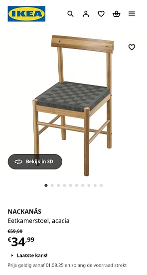 NACKANÄS Eetkamerstoel acacia -42% bij Ikea