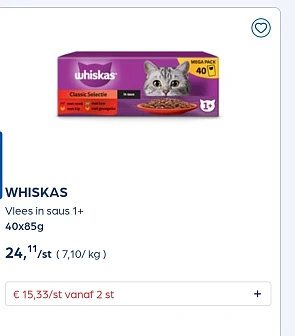 WHISKAS Vlees in saus 1+ 40x85g in promo