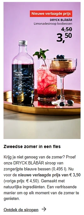 Siroop blauwe bessen voortaan €3,50 i.p.v. €4,50 bij Ikea