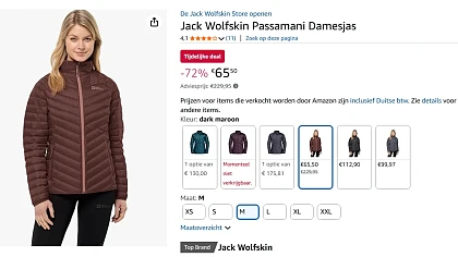 Jack Wolfskin donsjas voor dames dark maroon maat M 65,50€ ipv 186,85€