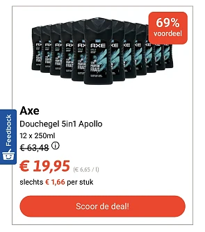 Axe douchegel 5 in 1 Apollo 12x250 ml -69%