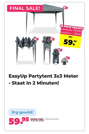 Easyup partytent 3×3 meter -70% bij voordeelvanger.nl