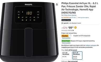 Philips Essential Airfryer XL - 6.2 L bij amazon voor 84(of74)en 10 euro te goed