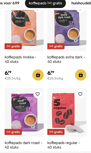 Verschillende koffiepads 40 stuks 1+1 op hema.com