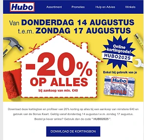 20% korting op alles bij Hubo vanaf 14/8
