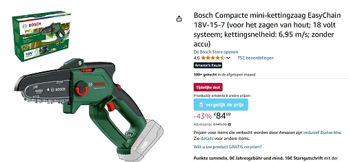 Bosch Accukettingzaag EasyChain 18V-15-7 nu -43% bij amazon.de