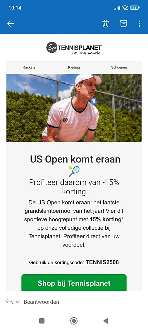 15% korting op de volledige collectie bij Tennisplanet