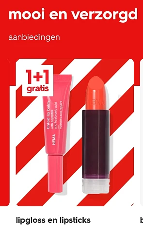 lipgloss en lipsticks 1+1 gratis op hema.com