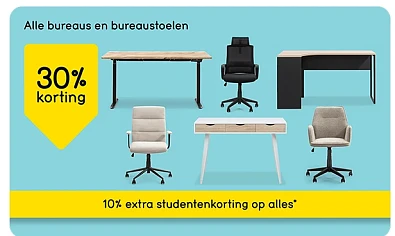 30% + 10% extra korting op bureaustoelen en bureau's bij Leenbakker
