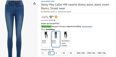 Noisy May Callie HW zwarte of blauwe skinny jeans