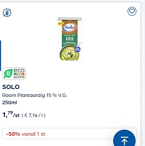 Solo plantaardige room 15% V.G 250 ml -50% in combinatie met coupon (gratis) bij collect en go