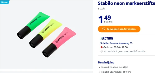 Stabilo Neon markeerstiften aan €0,50/stuk bij Action