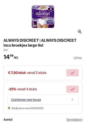 Always discreet broekjes large 9 stuks -25% extra + coupons nog goedkoper