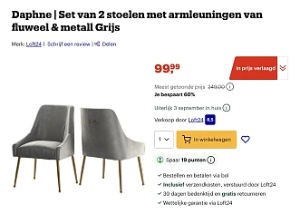 Stijlvolle fluwelen eetkamerstoelen voor 50€ per stuk dat is 60% korting