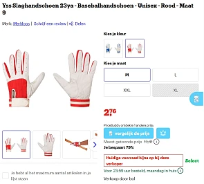 Yss Slaghandschoen 23ya - Basebalhandschoen - Unisex - Rood - Maat M