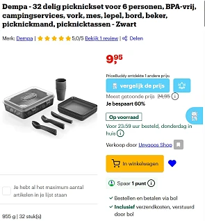 Dempa - 32 delig picknickset voor 6 personen, BPA-vrij - Zwart