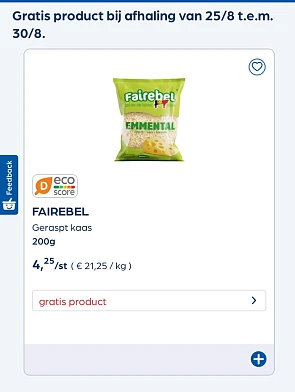 Gratis fairebel geraspte kaas 200 gram bij bestelling op Collect en go