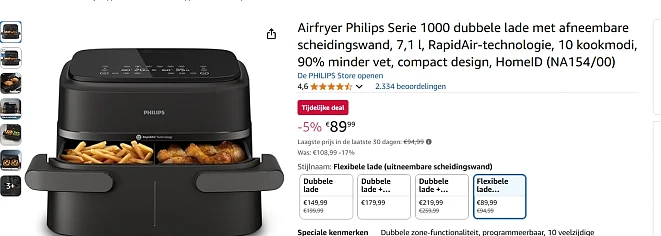 Philips Airfryer 1000 Serie (dubbele versie) 7.1Liter voor €89,99