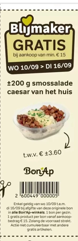 Vanaf 10/9 terug Gratis blijmakers bonnen in folder bon ap