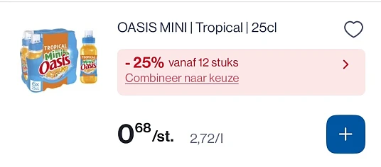 Oasis mini flesjes 25 cl goedkoper met 25% extra korting