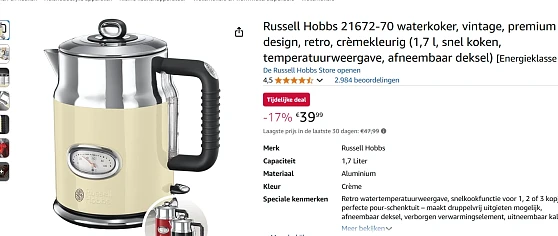 Waterkoker Russell Hobbs nergens zo goedkoop! In mooie retro stijl inhoud 1,7L