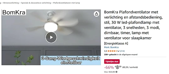 Koopje!! Plafond ventilator met led lamp en afstandsbediening voor slechts 8.39€