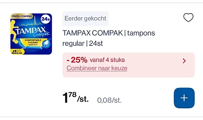Tampax compak tampons regular 24 stuks goedkoper met 25% korting bovenop