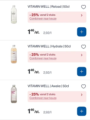 Vitamin well drankjes 50 cl helft goedkoper met daarbovenop 25% korting