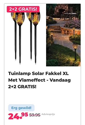 Tuinlamp solar fakkel xl met vlameffect vandaag 2+2 gratis. -58% op voordeelvanger.nl