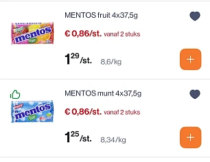 Mentos fruit en munt voor 0,86€/pakje