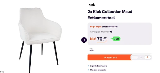 Kick stoelen nu met 74% korting: 76.67€ per twee in twee kleuren wit en donkergrijs