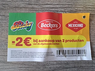 -€2 b.a.v. 2 producten bicky, beckers en mexicano