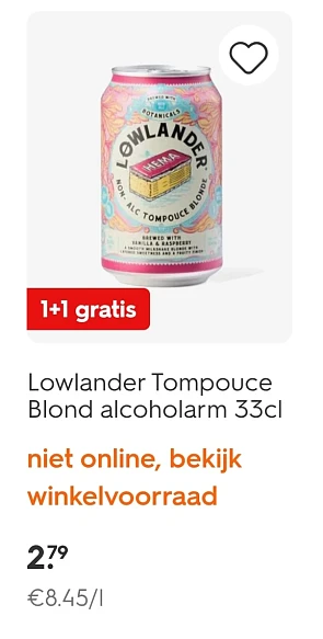 Lowlander tompouce bier 0.0% 1+1 gratis