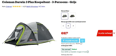Coleman Darwin 3 Plus Koepeltent voor €69.59 ipv €116 bij Bol