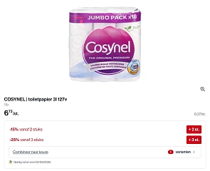 Cosynel toiletpapier 3l 127 v 18 rollen goedkoper tot 25% korting erbovenop