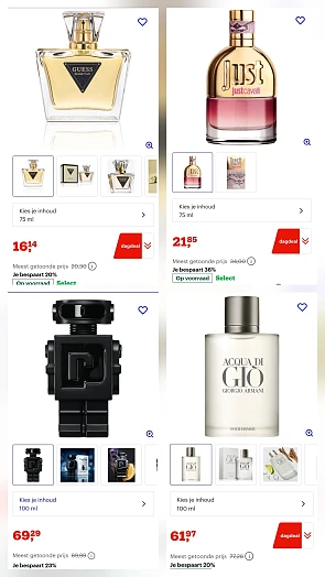 Korting op parfum van o.a. Armani, Guess, Paco Rabanne, Roberto Cavalli, Dior, Diesel...
