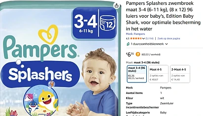 Pampers Splashers zwembroek maat 3-4 (6-11 kg), (8 x 12) 96 luiers
